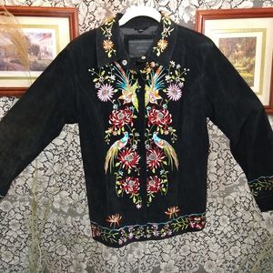 Avanti New York vintage black coat leather fully embroidered birds snap closure
